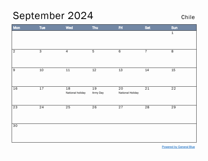 September 2024 Simple Monthly Calendar for Chile