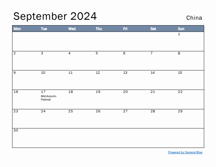 September 2024 Simple Monthly Calendar for China