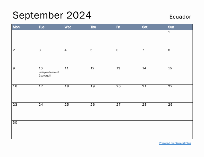 September 2024 Simple Monthly Calendar for Ecuador