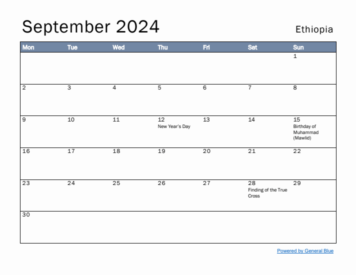 September 2024 Simple Monthly Calendar for Ethiopia