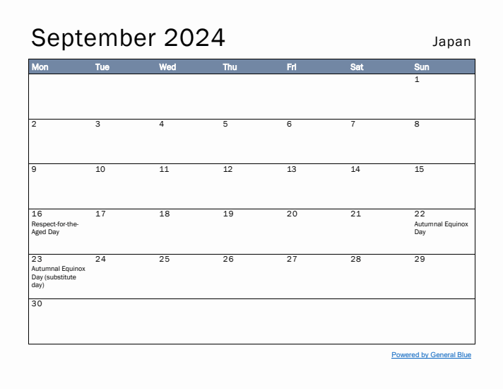 September 2024 Simple Monthly Calendar for Japan