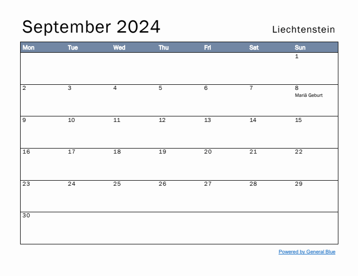 September 2024 Simple Monthly Calendar for Liechtenstein