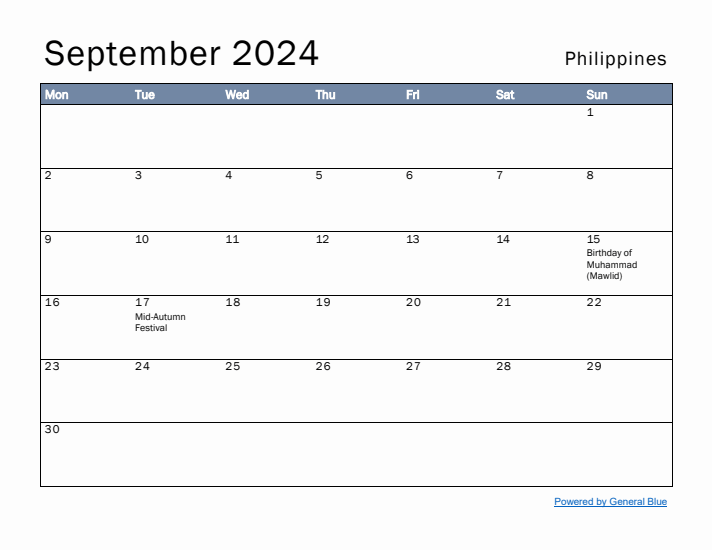 September 2024 Simple Monthly Calendar for Philippines