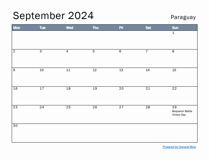 September 2024 Simple Monthly Calendar for Paraguay