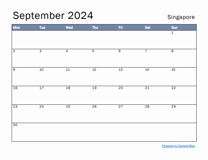 September 2024 Simple Monthly Calendar for Singapore