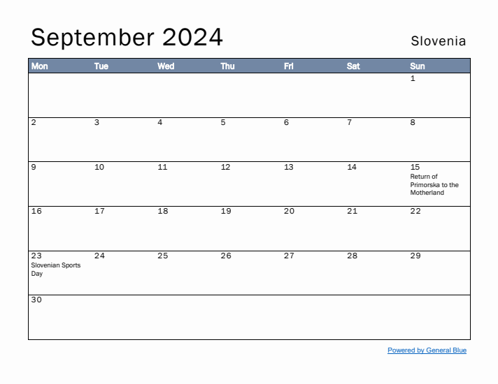 September 2024 Simple Monthly Calendar for Slovenia