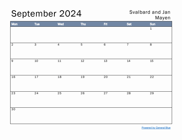 September 2024 Simple Monthly Calendar for Svalbard and Jan Mayen