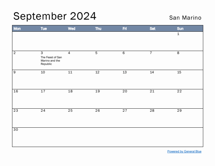 September 2024 Simple Monthly Calendar for San Marino