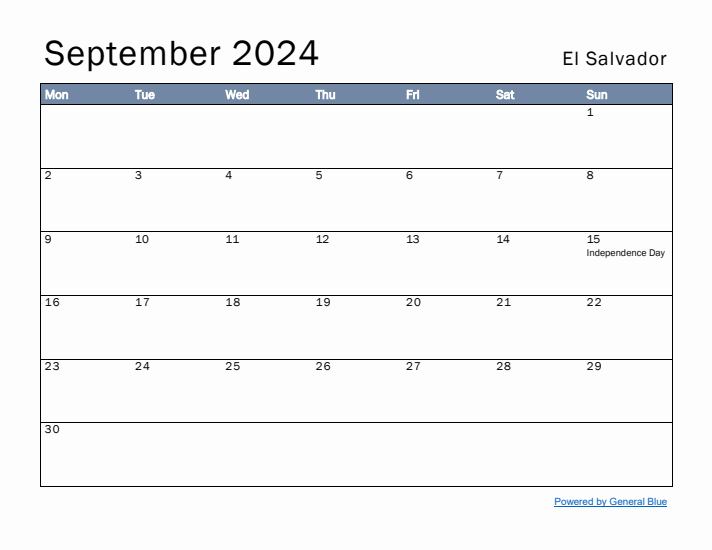 September 2024 Simple Monthly Calendar for El Salvador