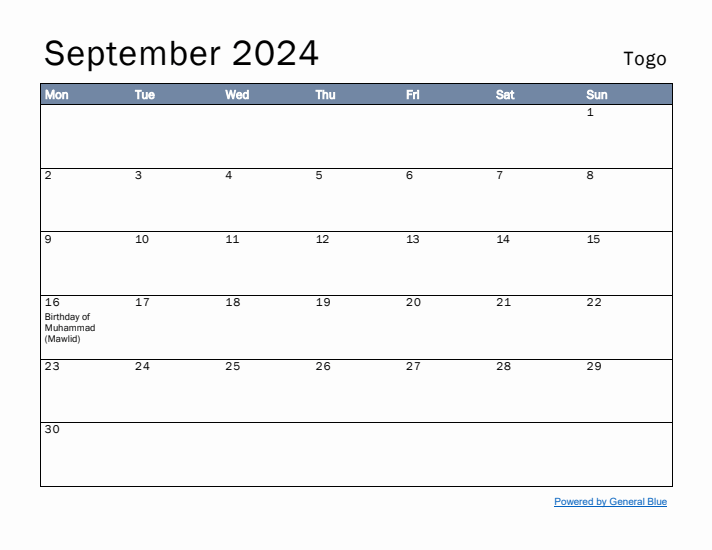 September 2024 Simple Monthly Calendar for Togo