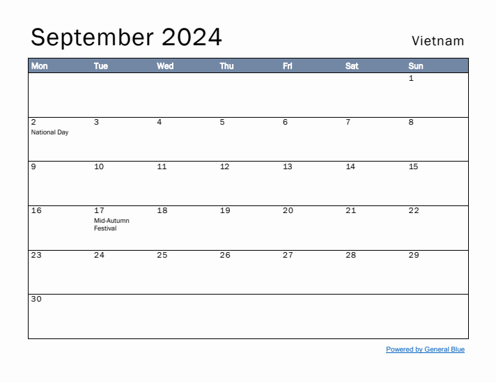 September 2024 Simple Monthly Calendar for Vietnam