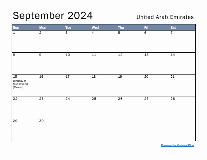 September 2024 Simple Monthly Calendar for United Arab Emirates