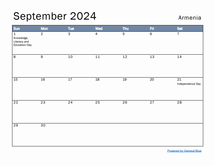 September 2024 Simple Monthly Calendar for Armenia