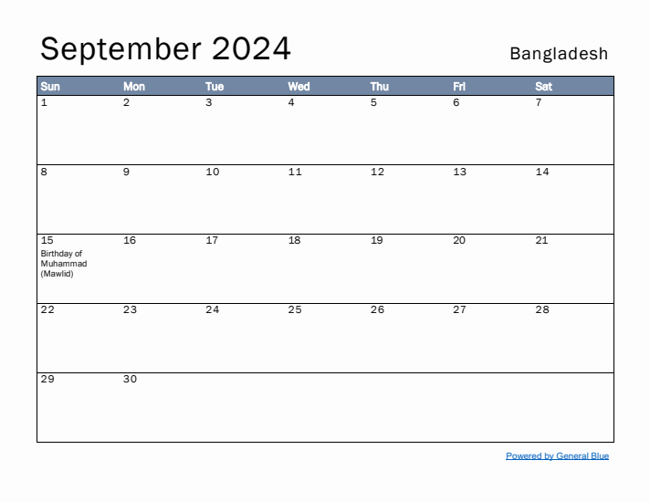 September 2024 Simple Monthly Calendar for Bangladesh