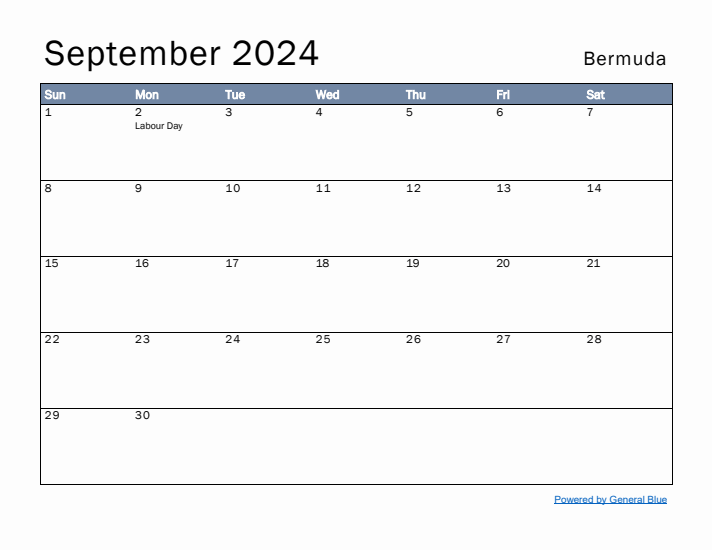 September 2024 Simple Monthly Calendar for Bermuda