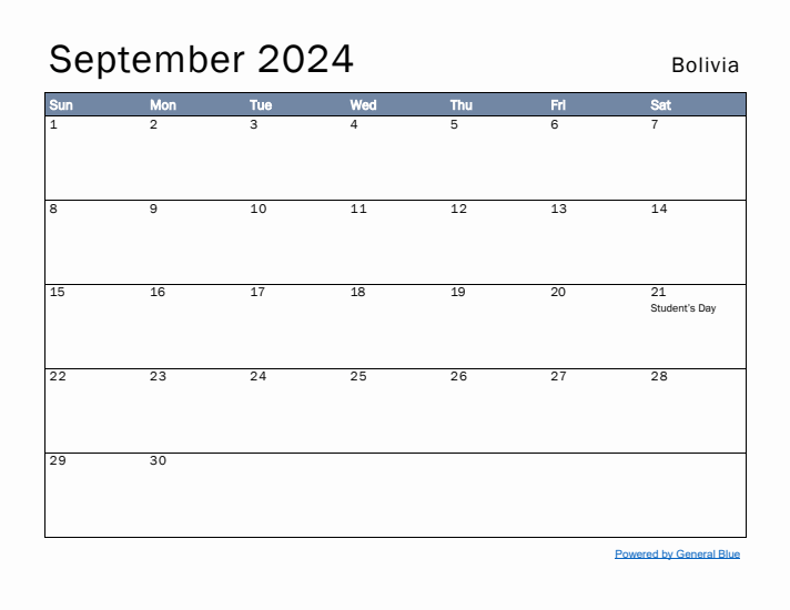 September 2024 Simple Monthly Calendar for Bolivia