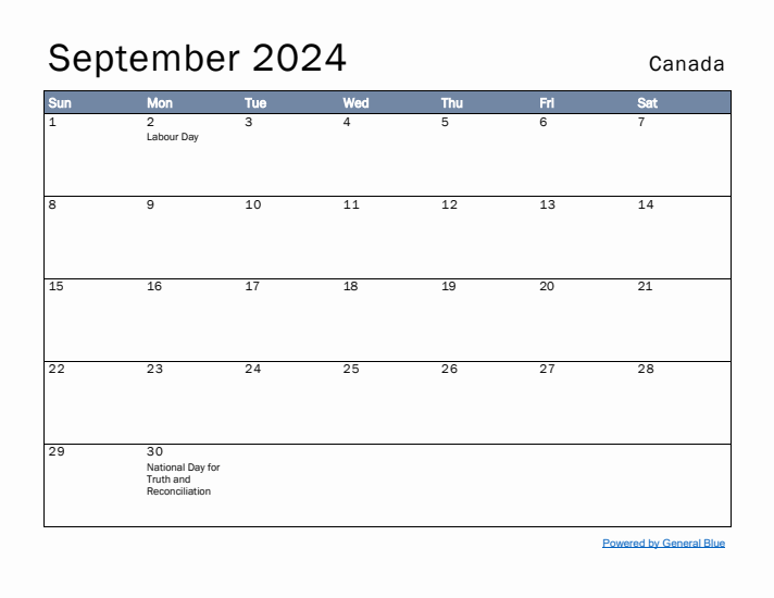 September 2024 Simple Monthly Calendar for Canada