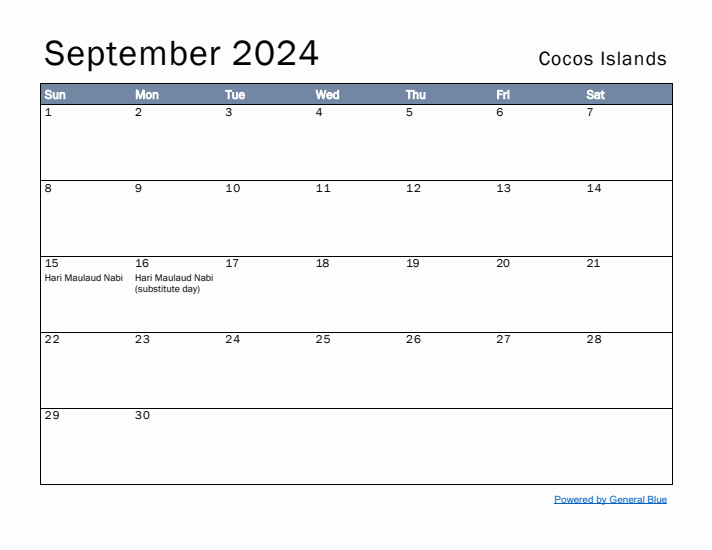 September 2024 Simple Monthly Calendar for Cocos Islands