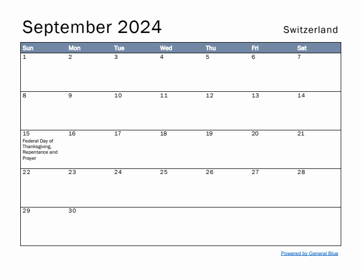 September 2024 Simple Monthly Calendar for Switzerland