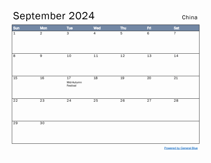 September 2024 Simple Monthly Calendar for China