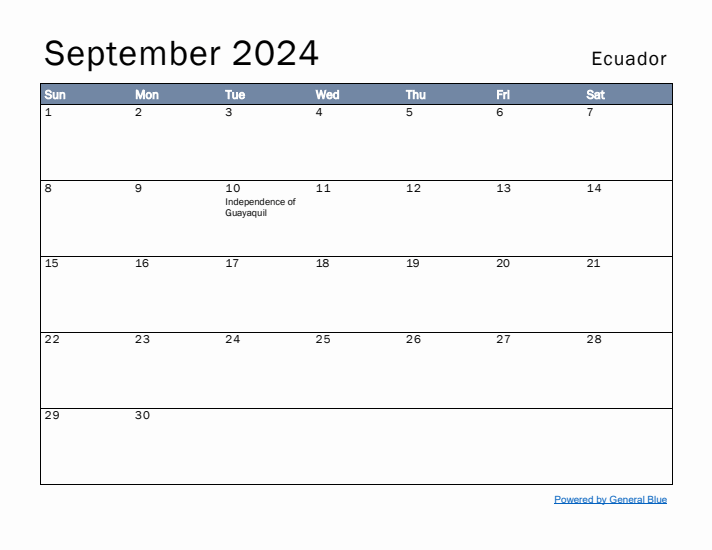 September 2024 Simple Monthly Calendar for Ecuador