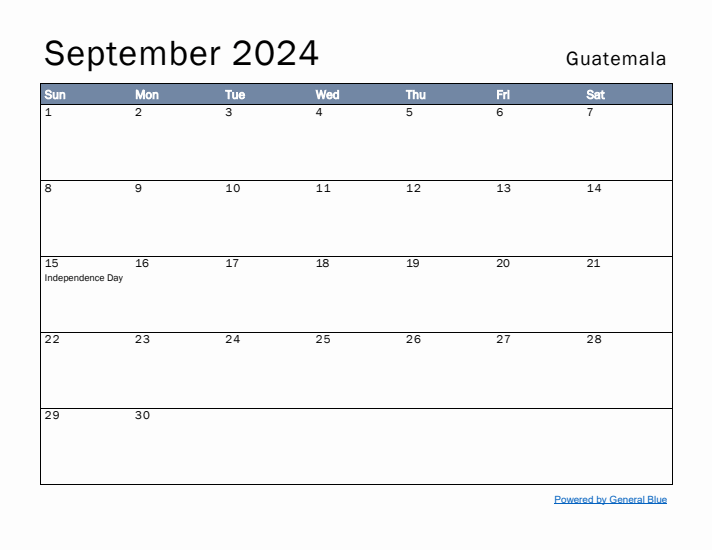 September 2024 Simple Monthly Calendar for Guatemala