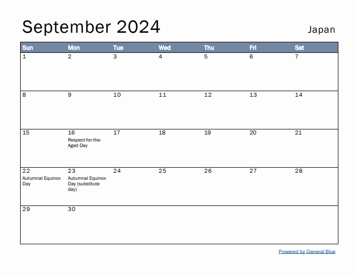 September 2024 Simple Monthly Calendar for Japan