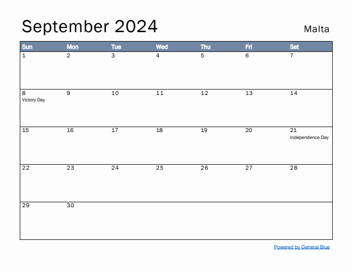 September 2024 Simple Monthly Calendar for Malta