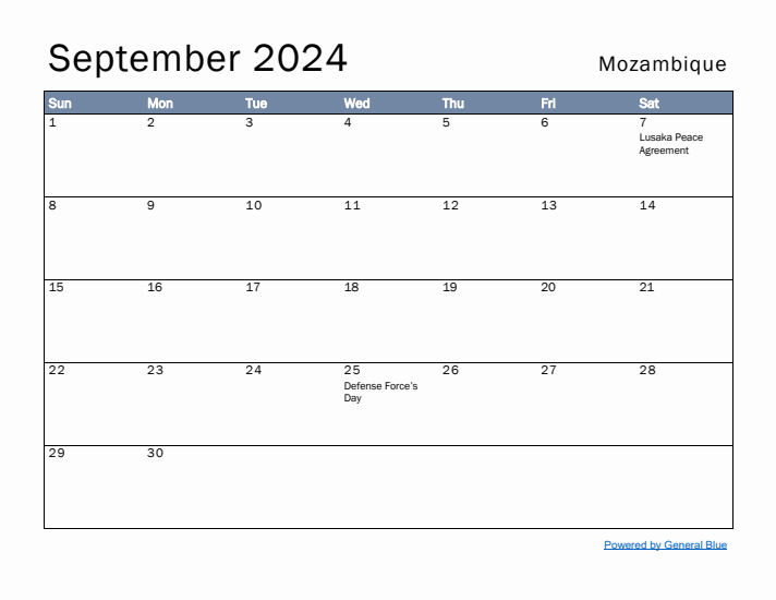 September 2024 Simple Monthly Calendar for Mozambique