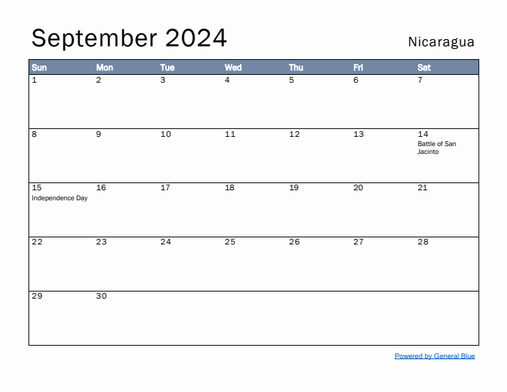 September 2024 Simple Monthly Calendar for Nicaragua