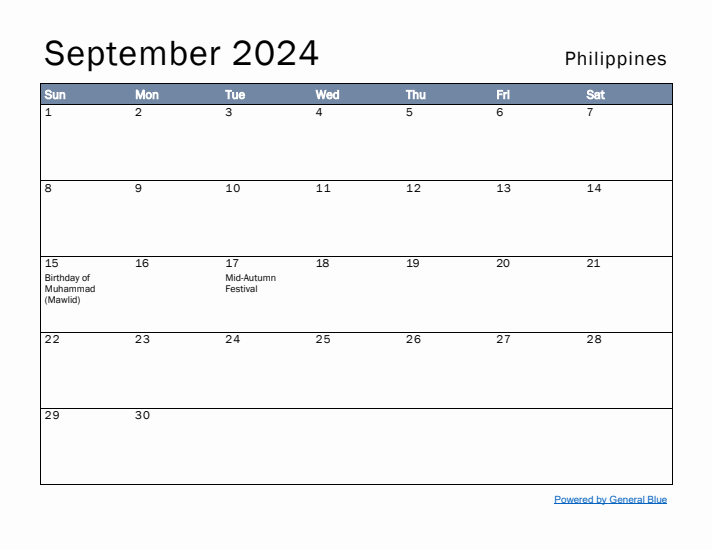 September 2024 Simple Monthly Calendar for Philippines