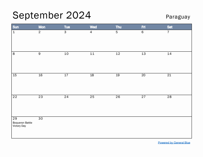 September 2024 Simple Monthly Calendar for Paraguay