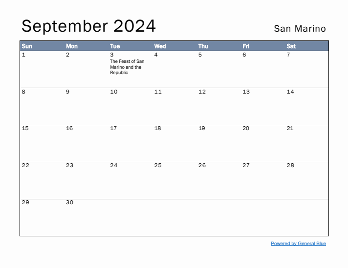 September 2024 Simple Monthly Calendar for San Marino