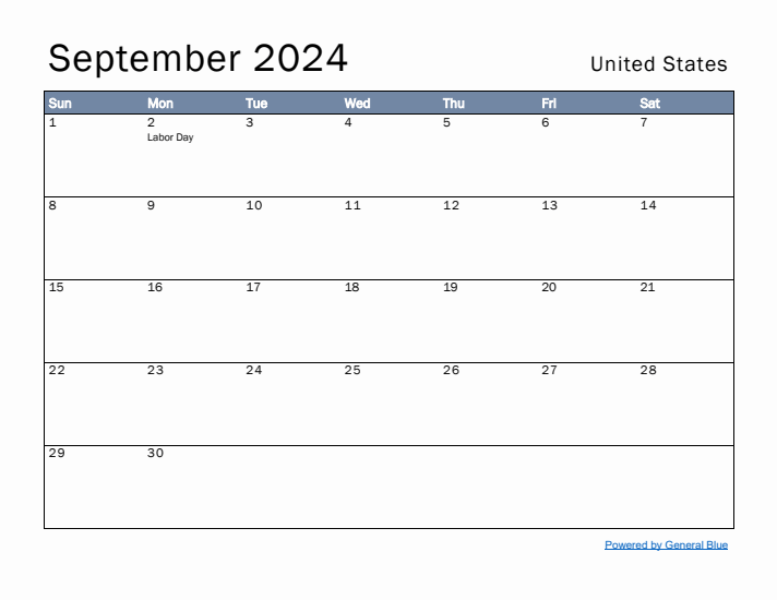 September 2024 Simple Monthly Calendar for United States