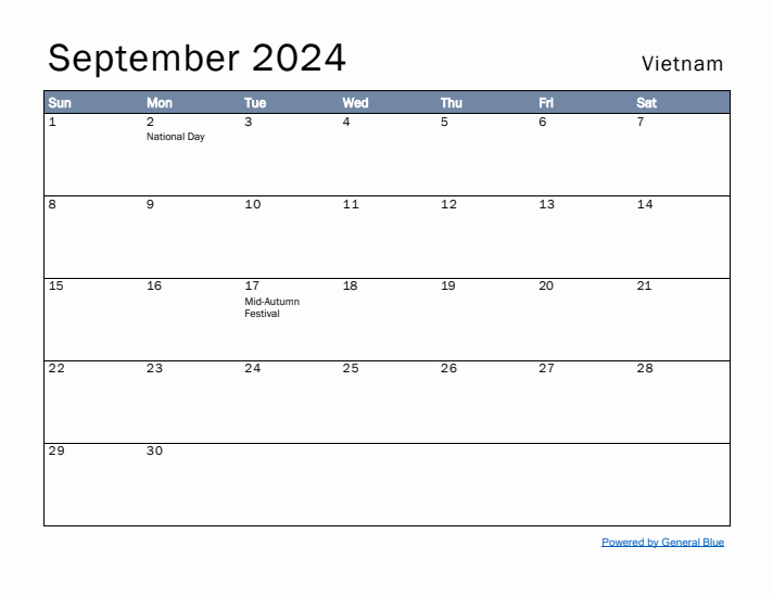 September 2024 Simple Monthly Calendar for Vietnam