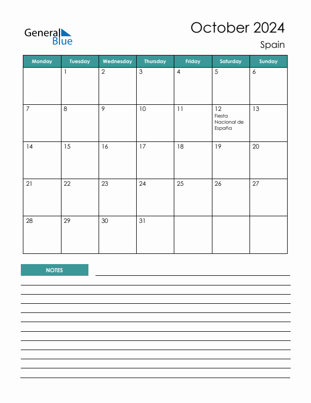 Calendar with Notes Printable - Monday Start