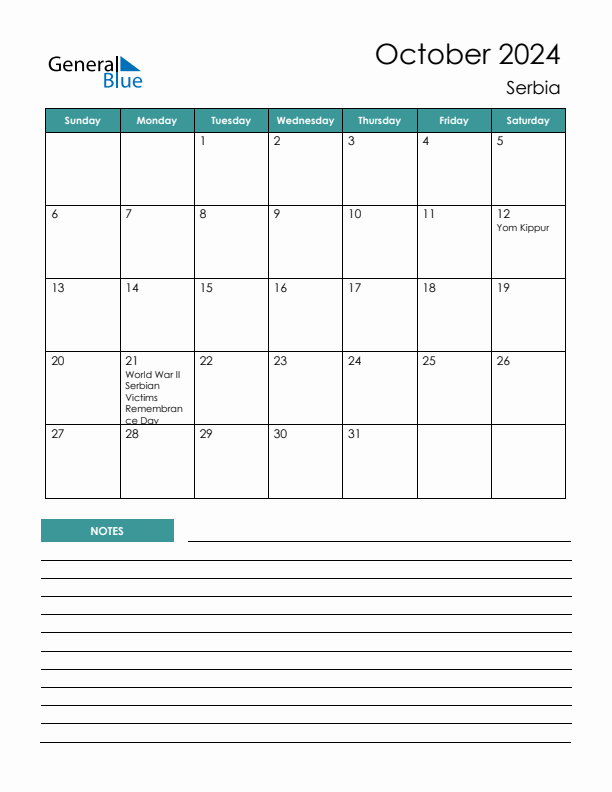 Calendar with Notes Printable - Sunday Start