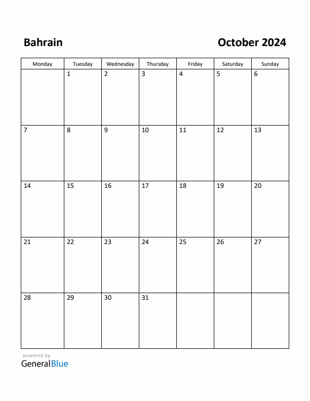 October 2024 Calendar with Bahrain Holidays