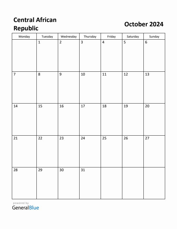 October 2024 Calendar with Central African Republic Holidays