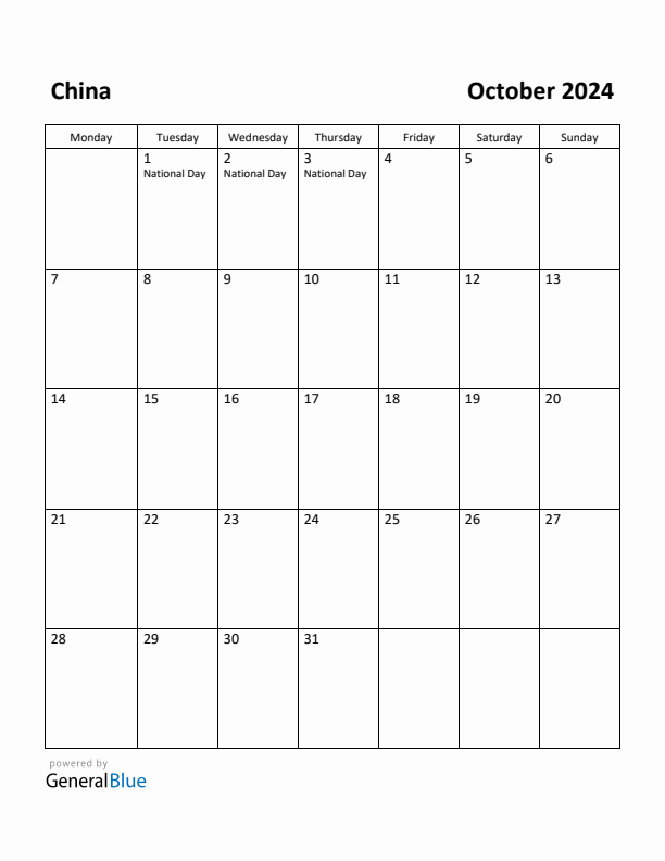 October 2024 Calendar with China Holidays