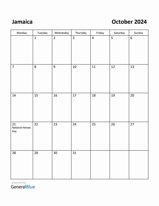 October 2024 Calendar with Jamaica Holidays