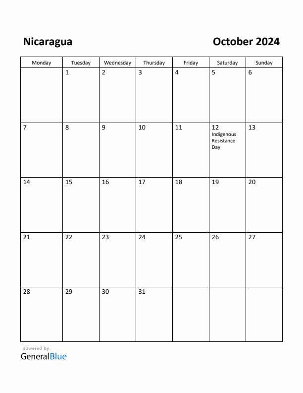 October 2024 Calendar with Nicaragua Holidays