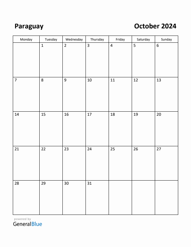 October 2024 Calendar with Paraguay Holidays