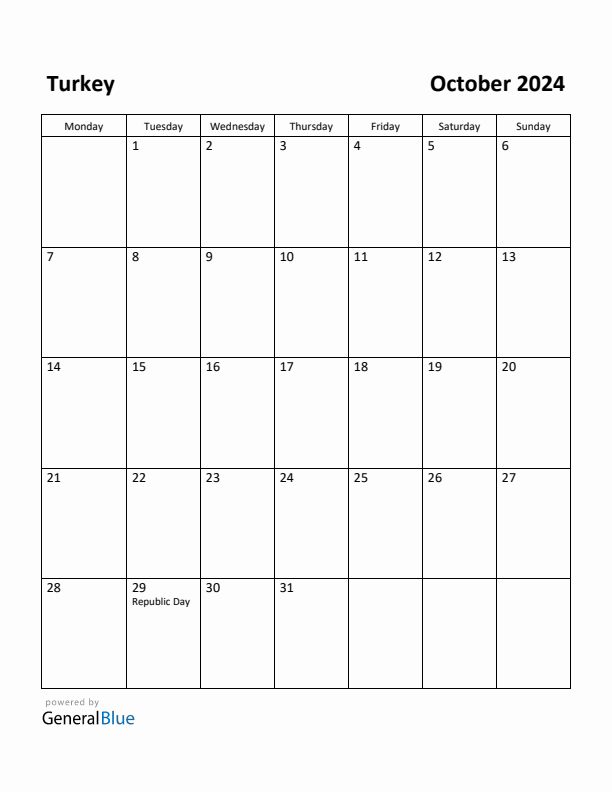 October 2024 Calendar with Turkey Holidays