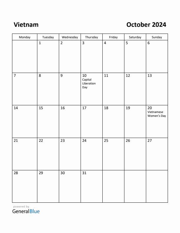 October 2024 Calendar with Vietnam Holidays