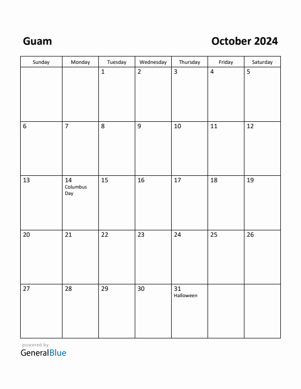 October 2024 Calendar with Guam Holidays