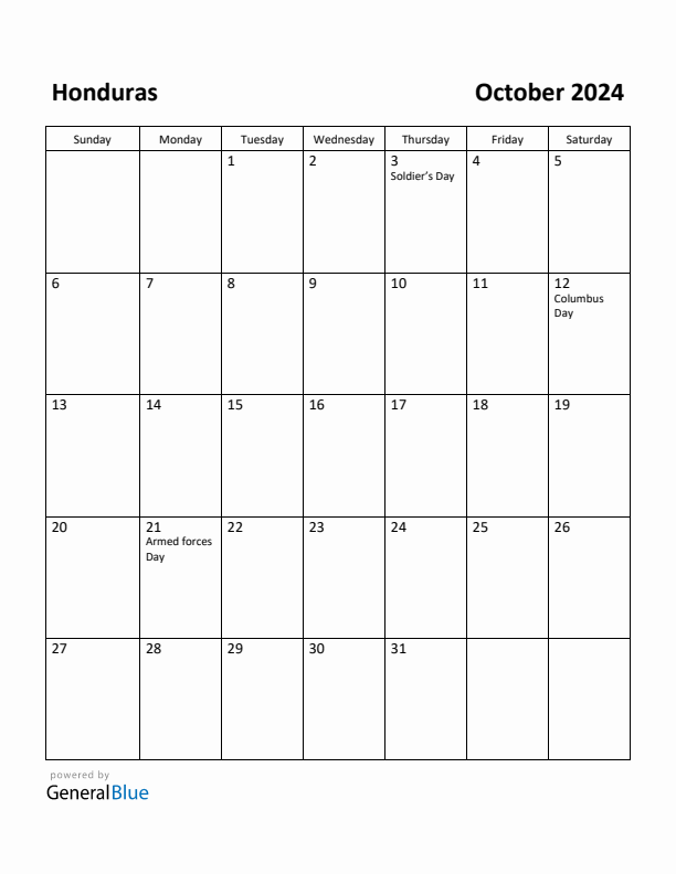 October 2024 Calendar with Honduras Holidays