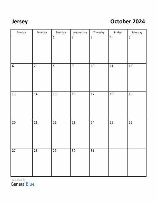 October 2024 Calendar with Jersey Holidays