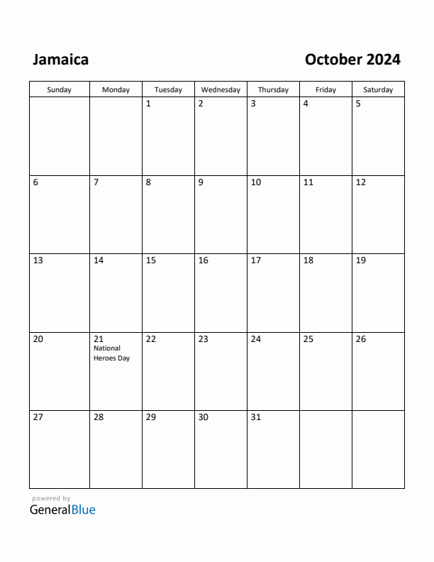 October 2024 Calendar with Jamaica Holidays