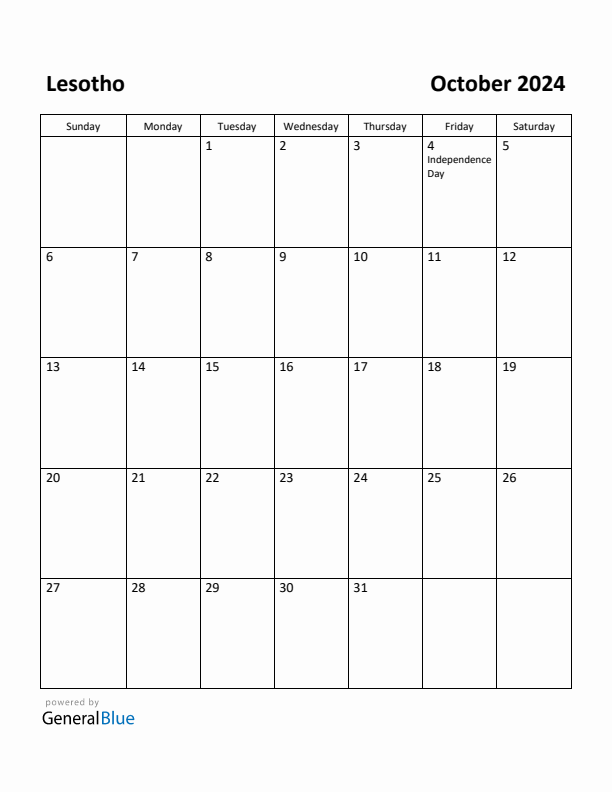 October 2024 Calendar with Lesotho Holidays